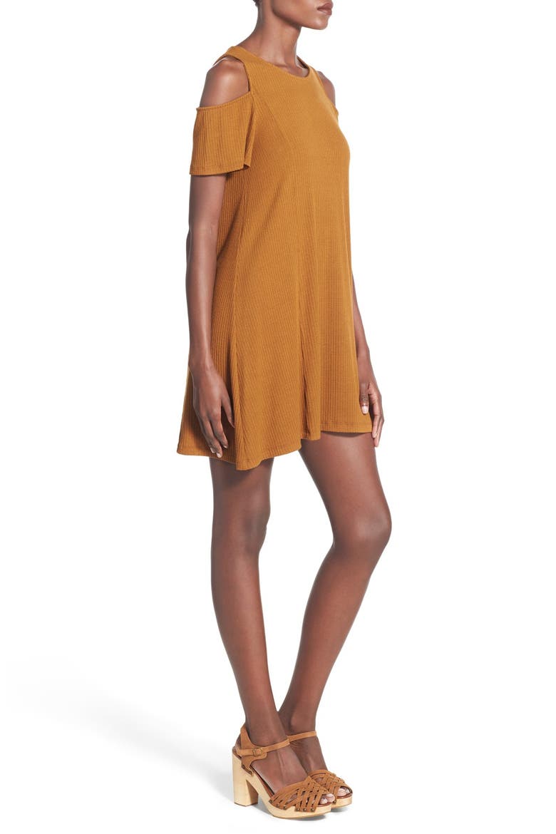 Cold Shoulder Rib Knit Shift Dress, Alternate, color, CARAMEL