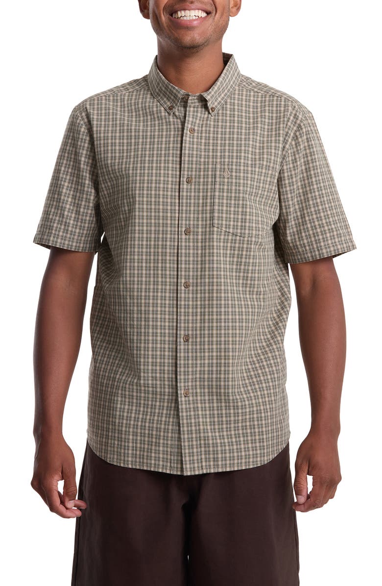 Volcom Brewster Check Short Sleeve Button-Down Shirt, Main, color, Dirty White