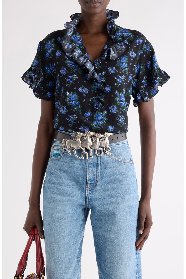 Folk Print Silk Crêpe de Chine Top, Main, color, BLACK - BLUE