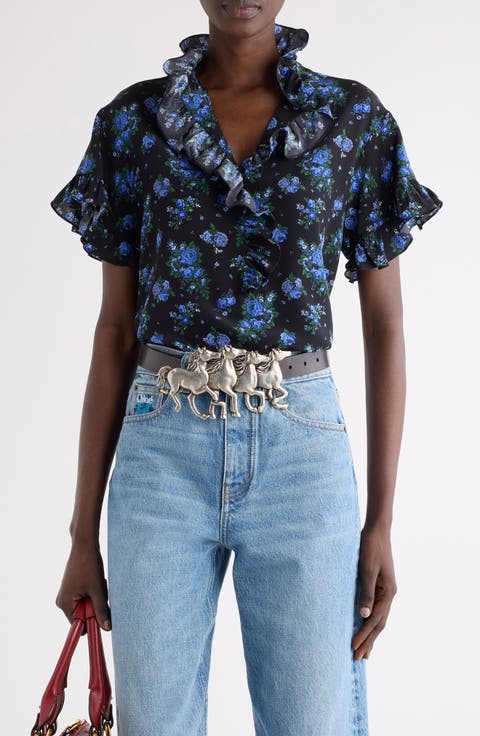 Folk Print Silk Crêpe de Chine Top