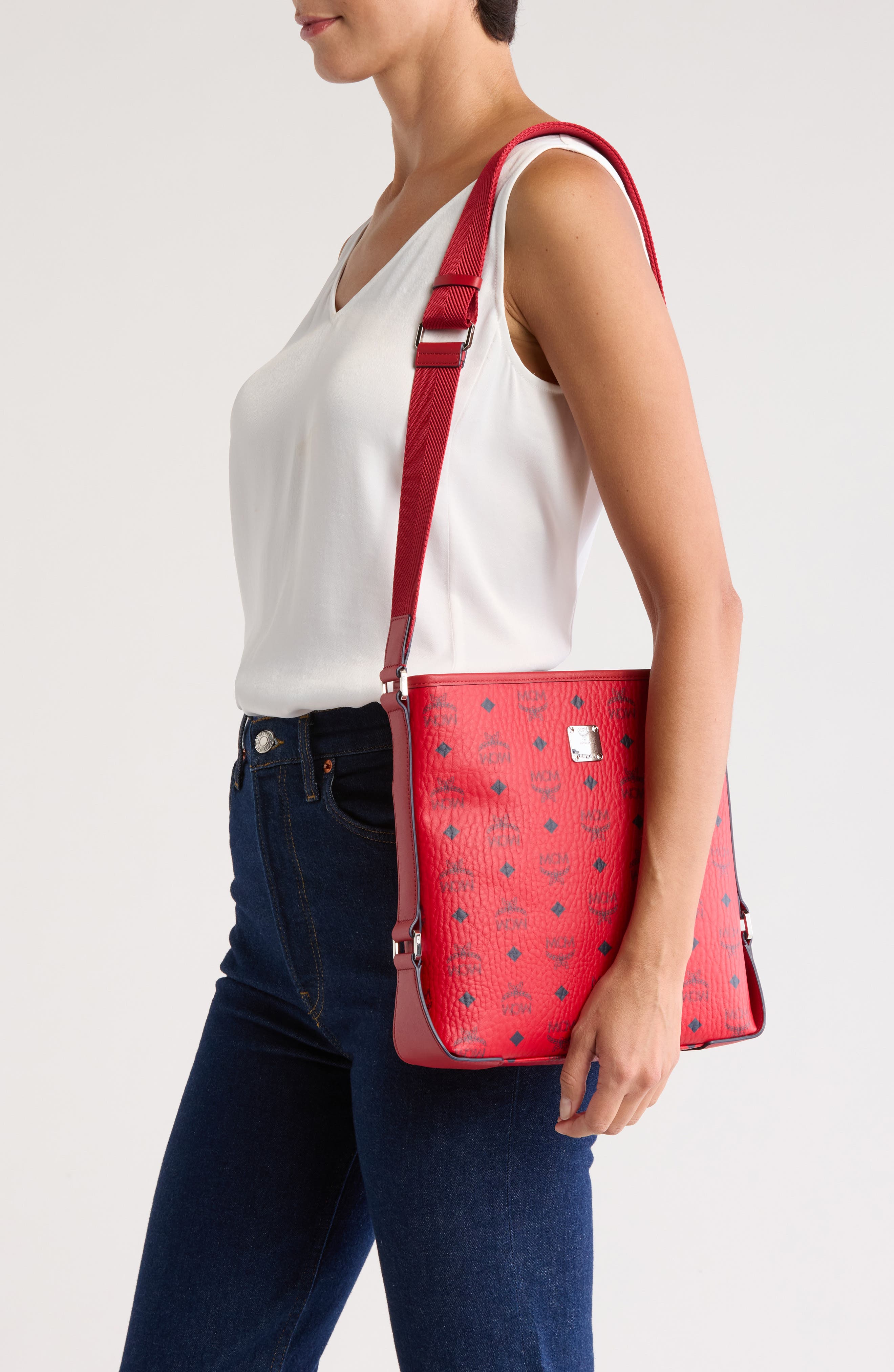 MCM Aren Logo Crossbody Bag, Alternate, color, Candy Red
