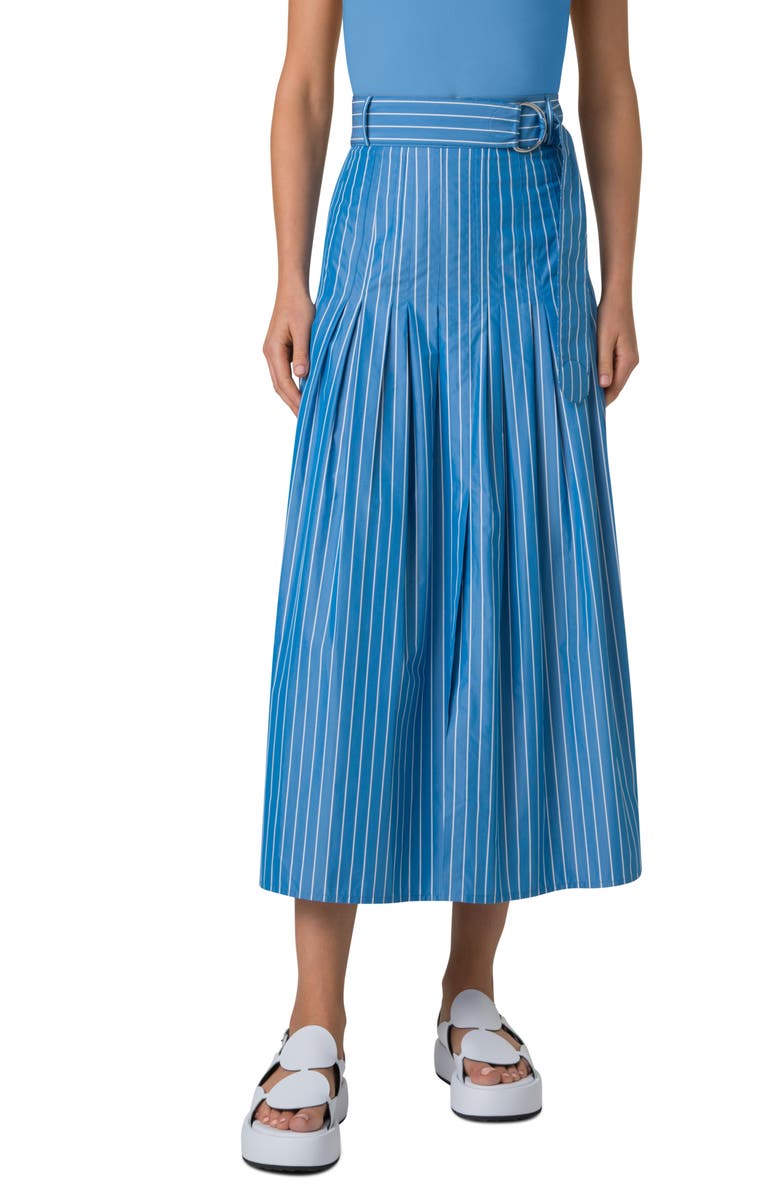 Akris punto Pajama Stripe Belted Pleated Cotton Midi Skirt, Main, color, 
