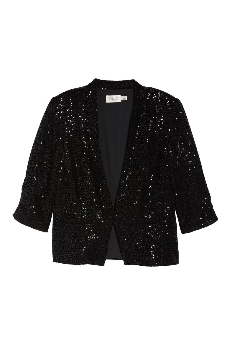 Sequin Ruched Sleeve Blazer, Alternate, color, BLACK