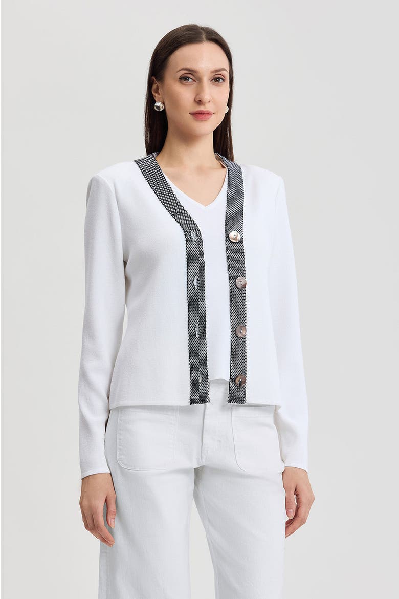 Family Savvy Contrast Trim Soft Knit Cardigan, Alternate, color, White/Black