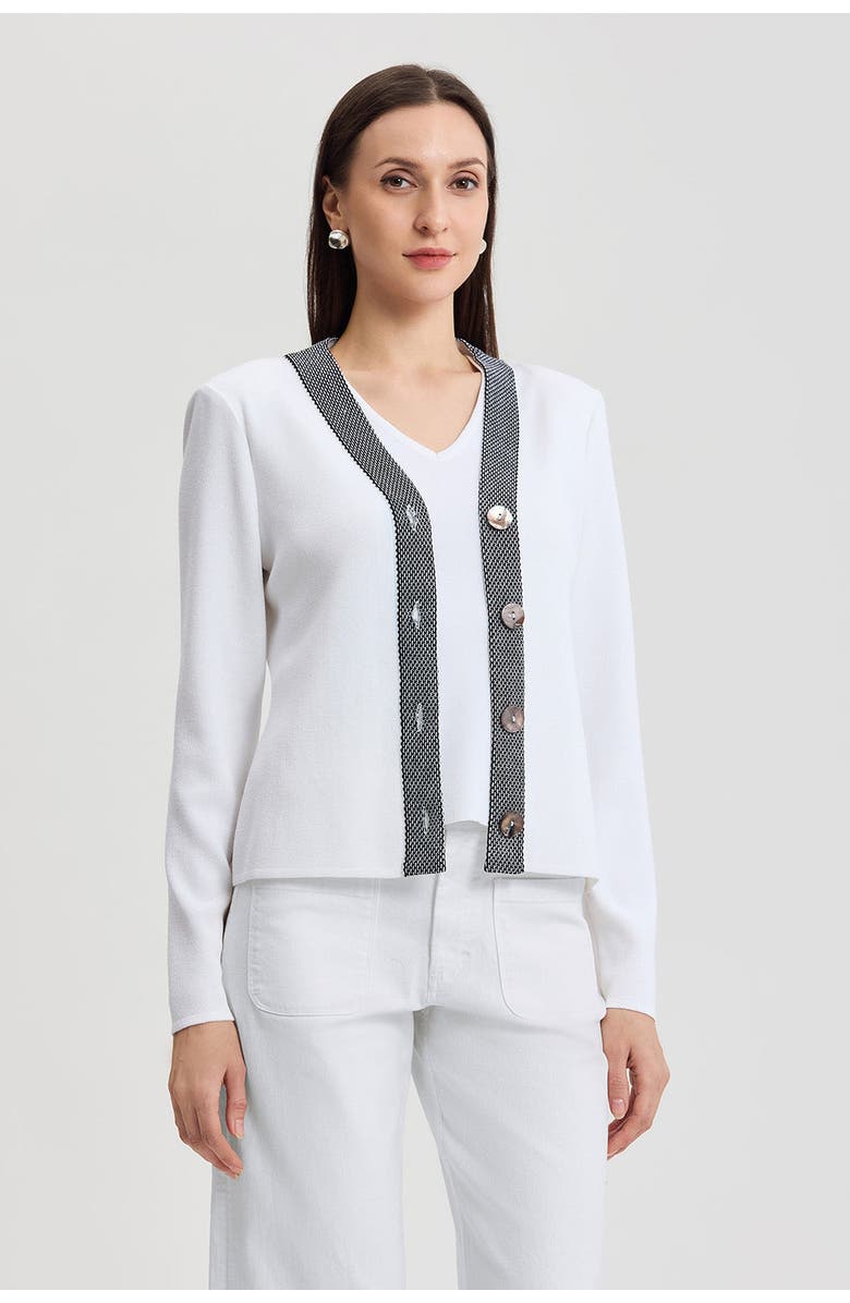 Ming Wang Family Savvy Contrast Trim Soft Knit Cardigan, Alternate, color, White/Black