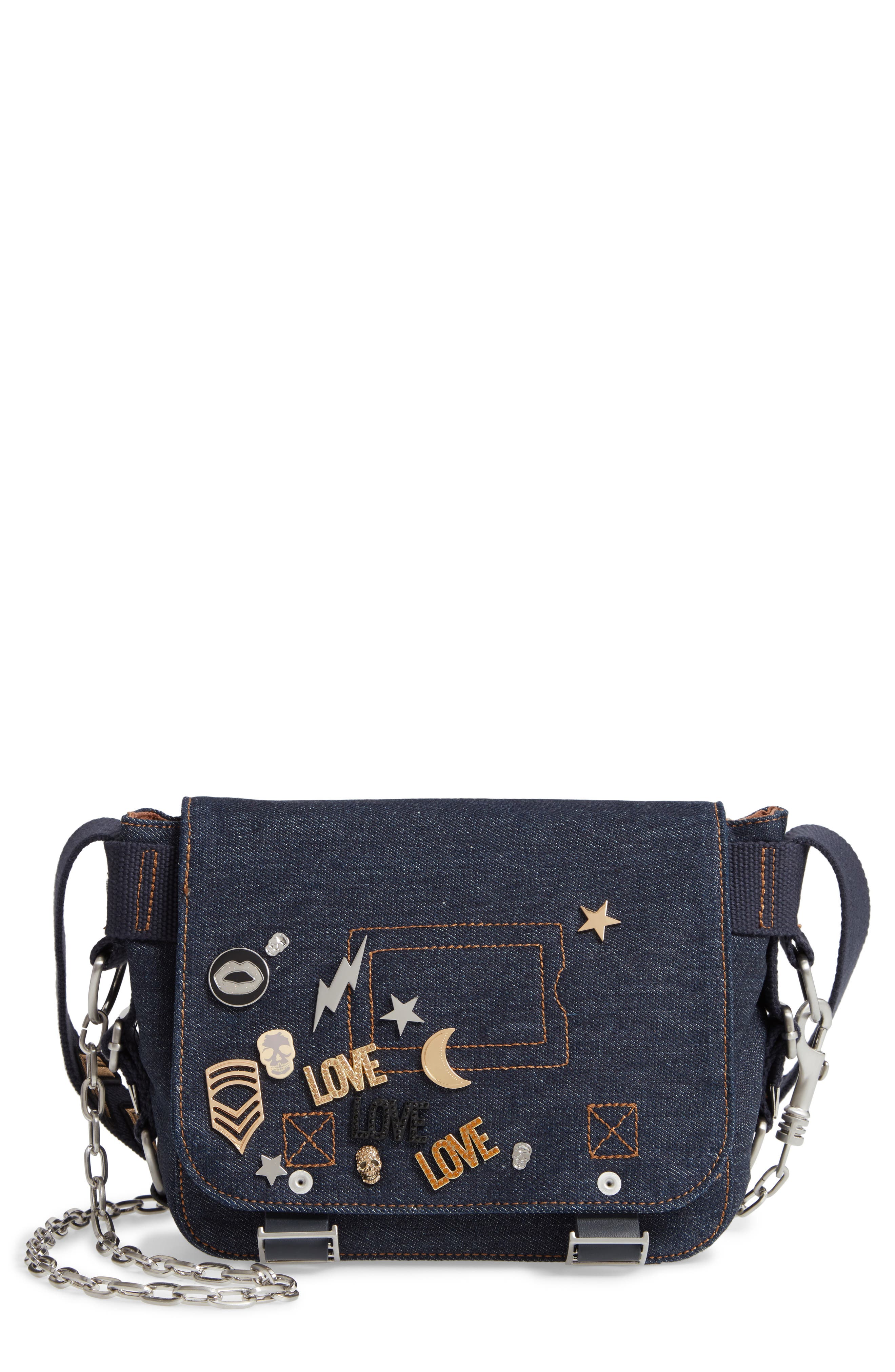 Zadig & Voltaire XS Ready Made Denim Canvas Messenger Bag, Main, color, 