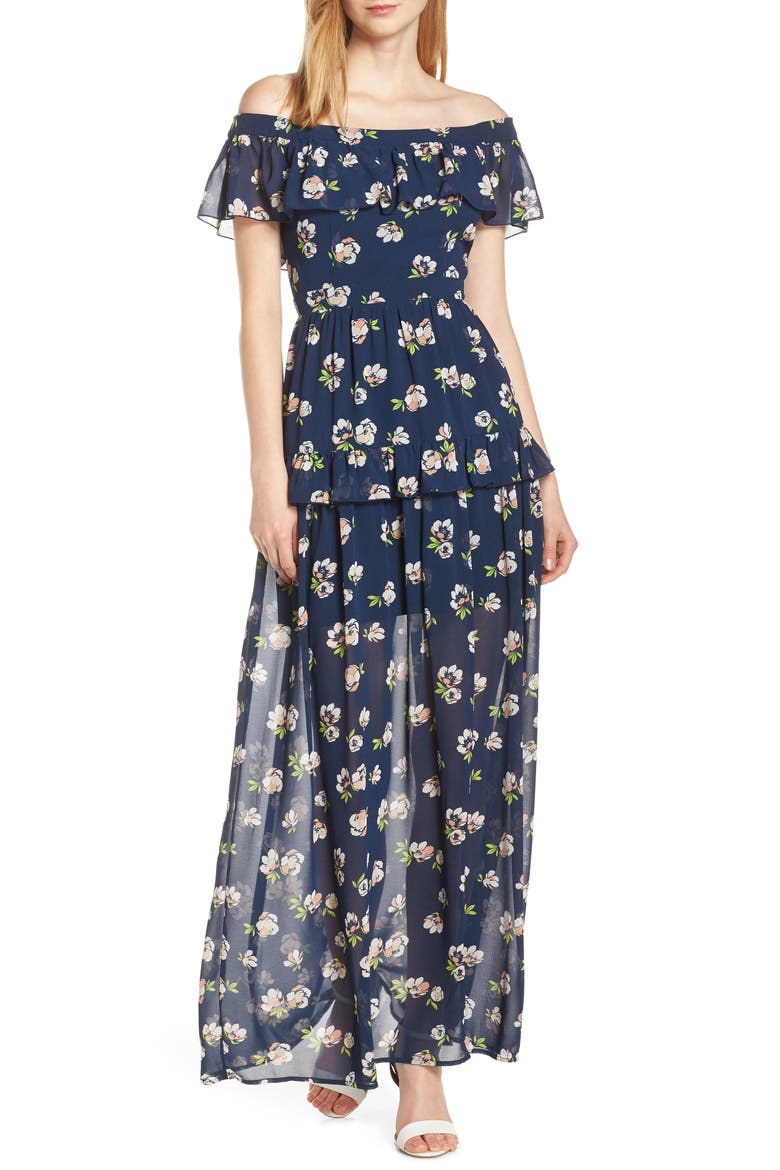 Off the Shoulder Ruffle Maxi Dress, Main, color, NAVY PEACH FLORAL
