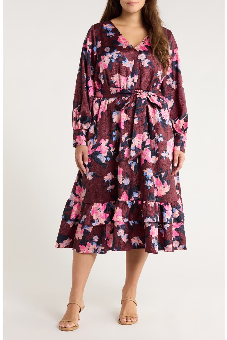 Belted Long Sleeve Satin Midi Dress, Alternate, color, BURGUNDY- BLUE GEORGIA BLOOMS