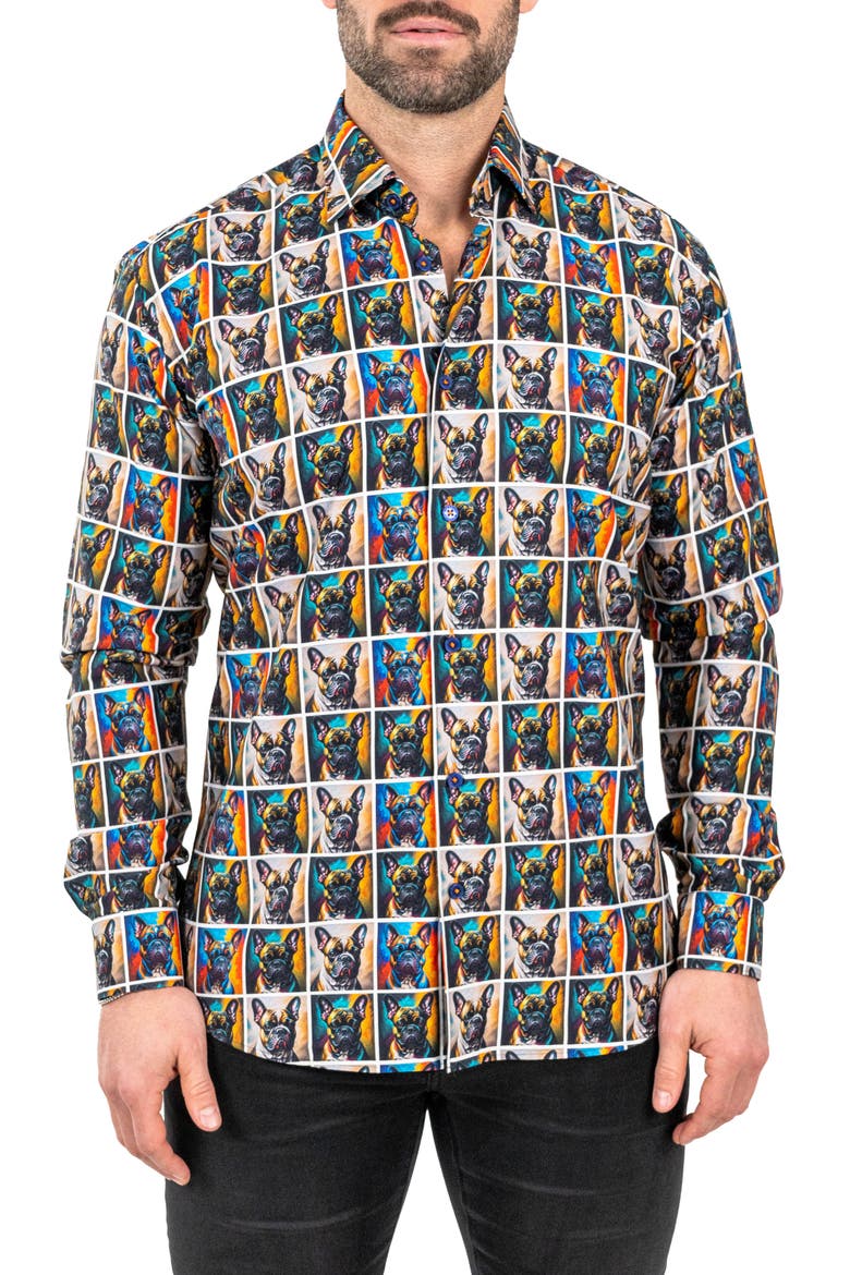 Fibonacci Puppy Portrait Contemporary Fit Button-Up Shirt, Main, color, BROWN