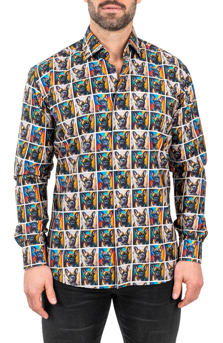 Maceoo Fibonacci Puppy Portrait Contemporary Fit Button-Up Shirt, Main, color, Brown