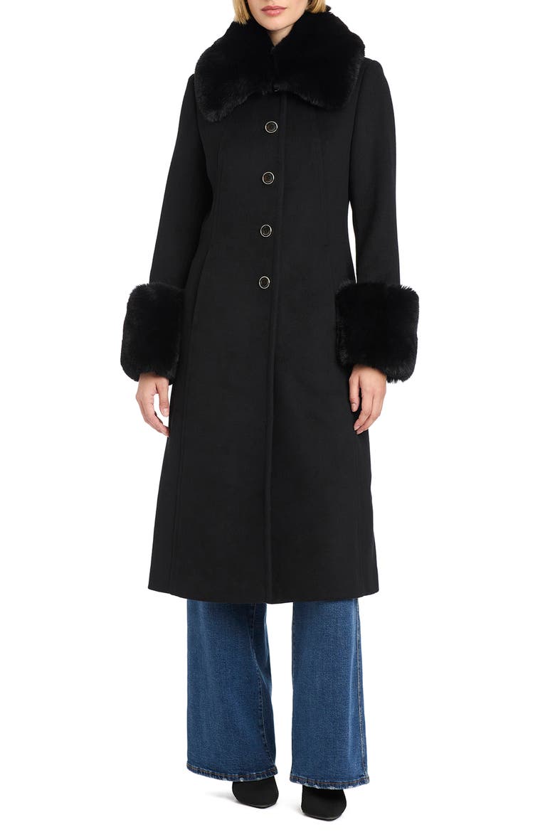 Faux Fur Trim Maxi Coat, Alternate, color, BLACK