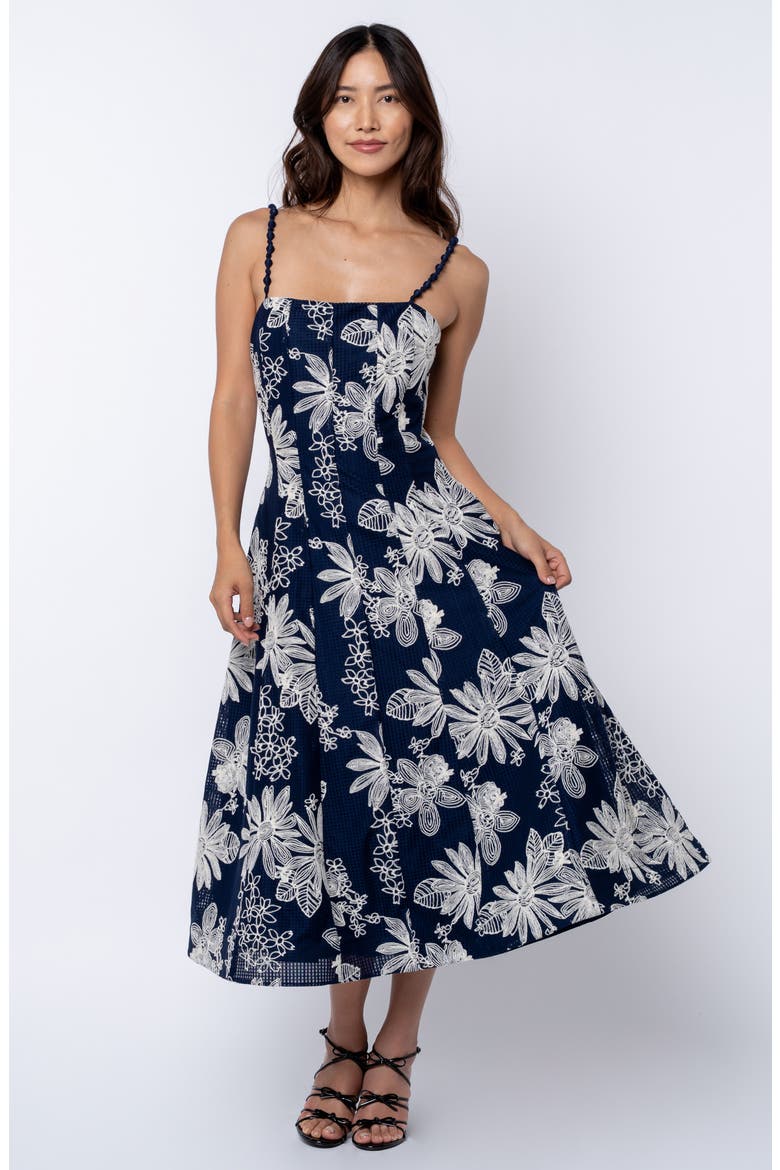 Namie Floral Embroidery A-Line Dress, Alternate, color, NAVY CREAM