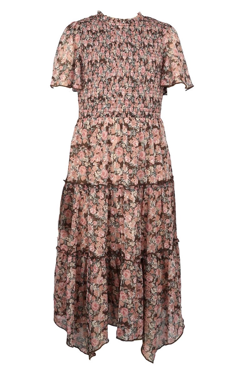 Zunie Kids' Metallic Smocked Bodice Flutter Sleeve Tiered Chiffon Maxi Dress, Main, color, Mocha