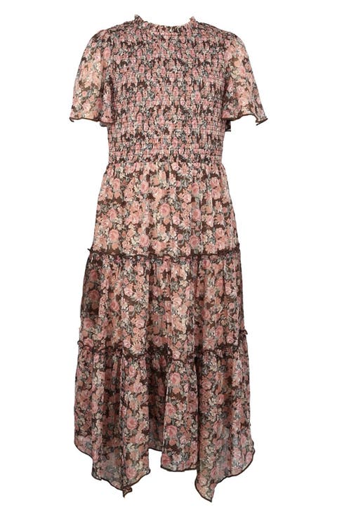 Kids' Metallic Smocked Bodice Flutter Sleeve Tiered Chiffon Maxi Dress (Big Kid)