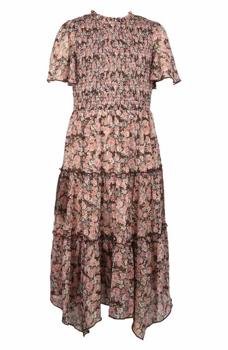 Zunie Kids' Metallic Smocked Bodice Flutter Sleeve Tiered Chiffon Maxi Dress