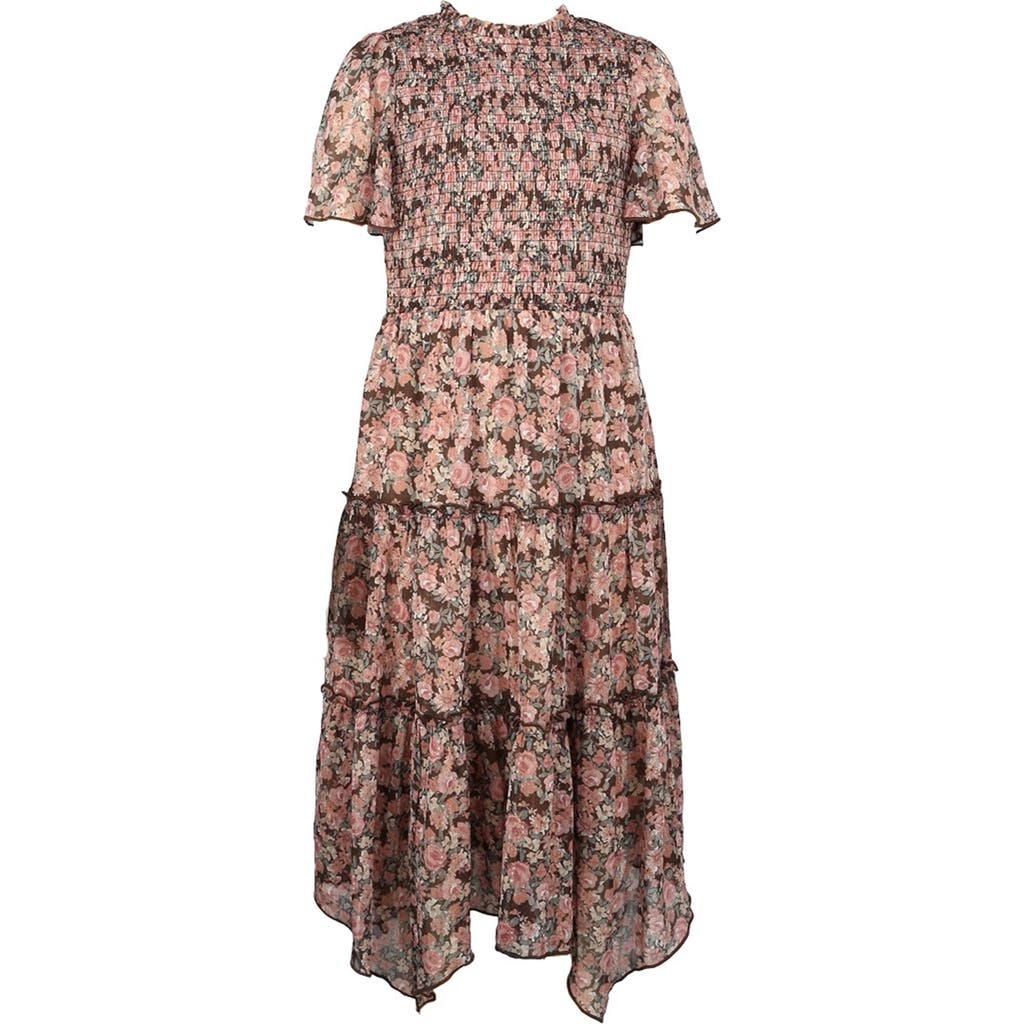 Zunie Kids' Metallic Smocked Bodice Flutter Sleeve Tiered Chiffon Maxi Dress In Brown