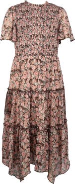 Zunie Kids' Metallic Smocked Bodice Flutter Sleeve Tiered Chiffon Maxi Dress