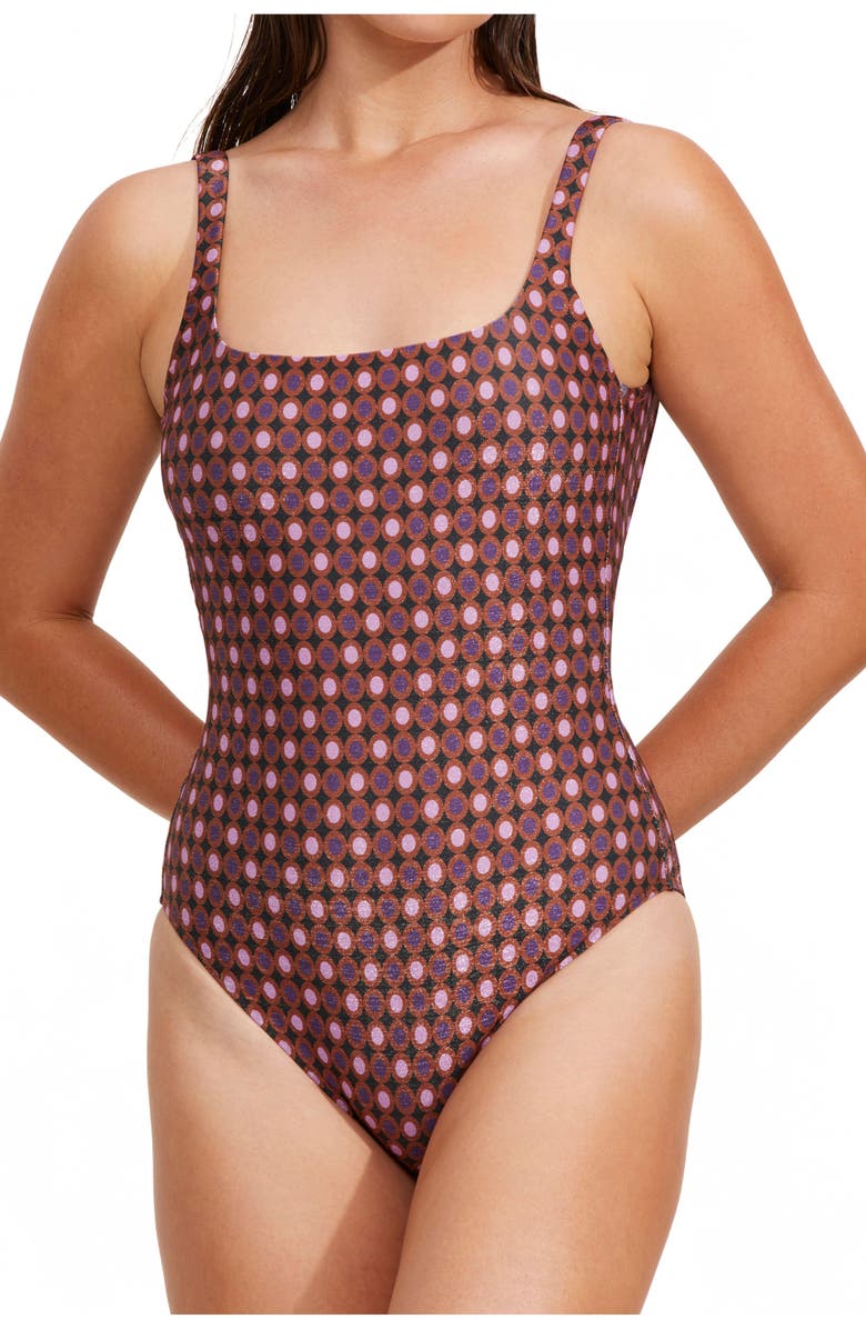 Luma Gottex Vintage Charm Square Neck Tank One Piece, Alternate, color, Purple / Bronze