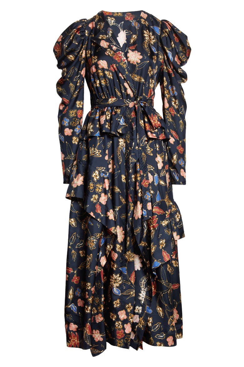 Virginia Floral Print Long Sleeve Silk Midi Dress, Alternate, color, ODESSA