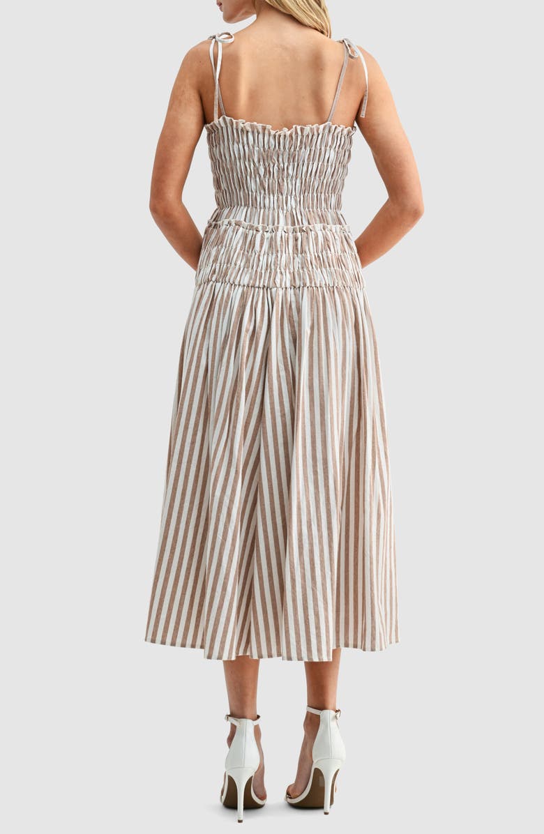 All in Favor Stripe Tie Strap Smocked Cotton Midi Sundress, Alternate, color, Brown Ivory