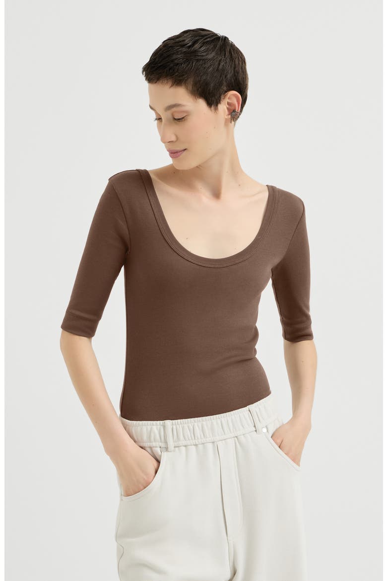 Stretch cotton ribbed jersey T-shirt with monili, Main, color, Pine Cone Brown