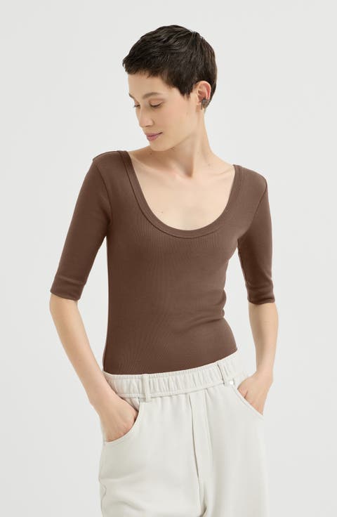 Stretch cotton ribbed jersey T-shirt with monili