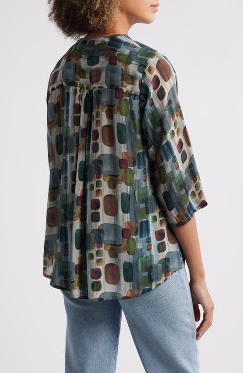 Apny Print Tassel Split Neck Chiffon Top In Blue/white Multi