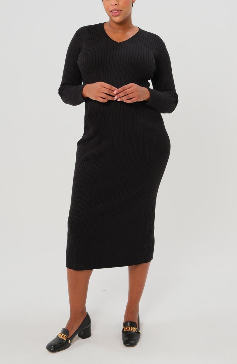 Marion Women's Ribbed Long Sleeve V-Neck Midi Sweater Dress, Alternate, color, Black