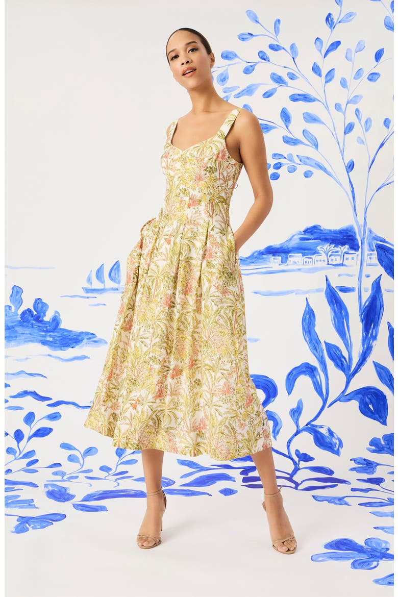 Palm Print Empire Waist Fit & Flare Midi Dress, Alternate, color, IVORY/ LEMON