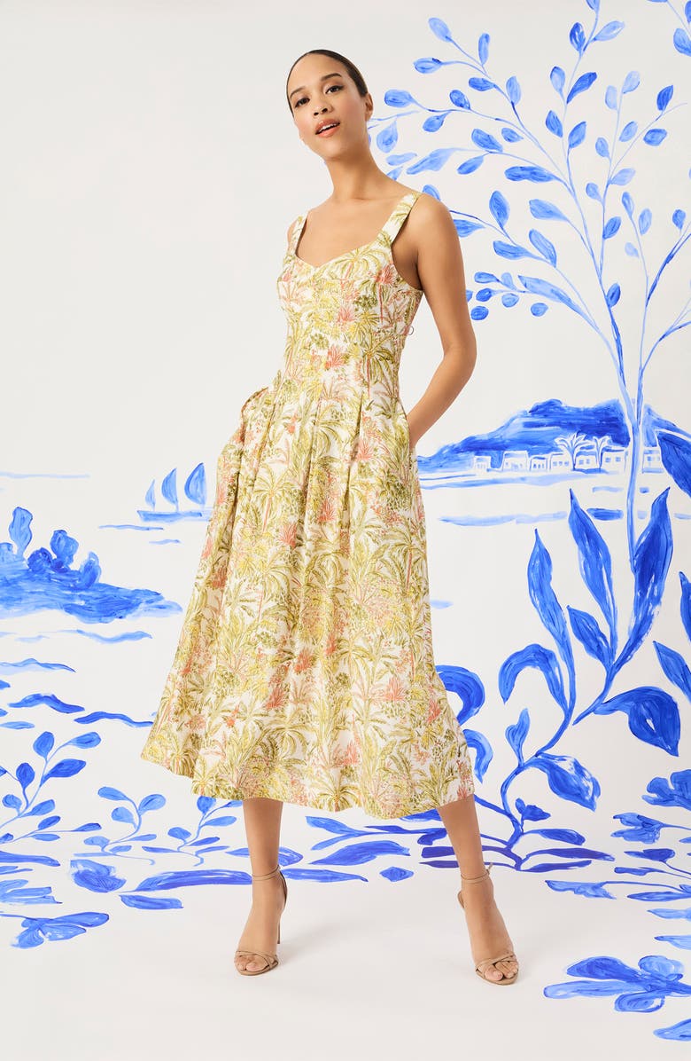 Maggy London Palm Print Empire Waist Fit & Flare Midi Dress, Alternate, color, Ivory/ Lemon