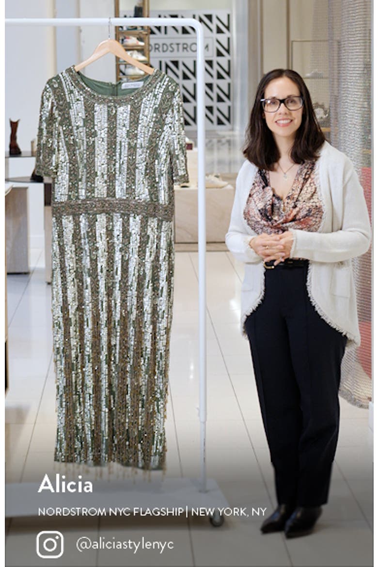 Women's High Neck Short Sleeve Crystal Fringe Column Dress video