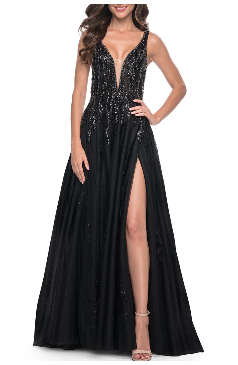 La Femme A-Line Rhinestone and Beaded Embellished Prom Dress, Alternate, color, Black