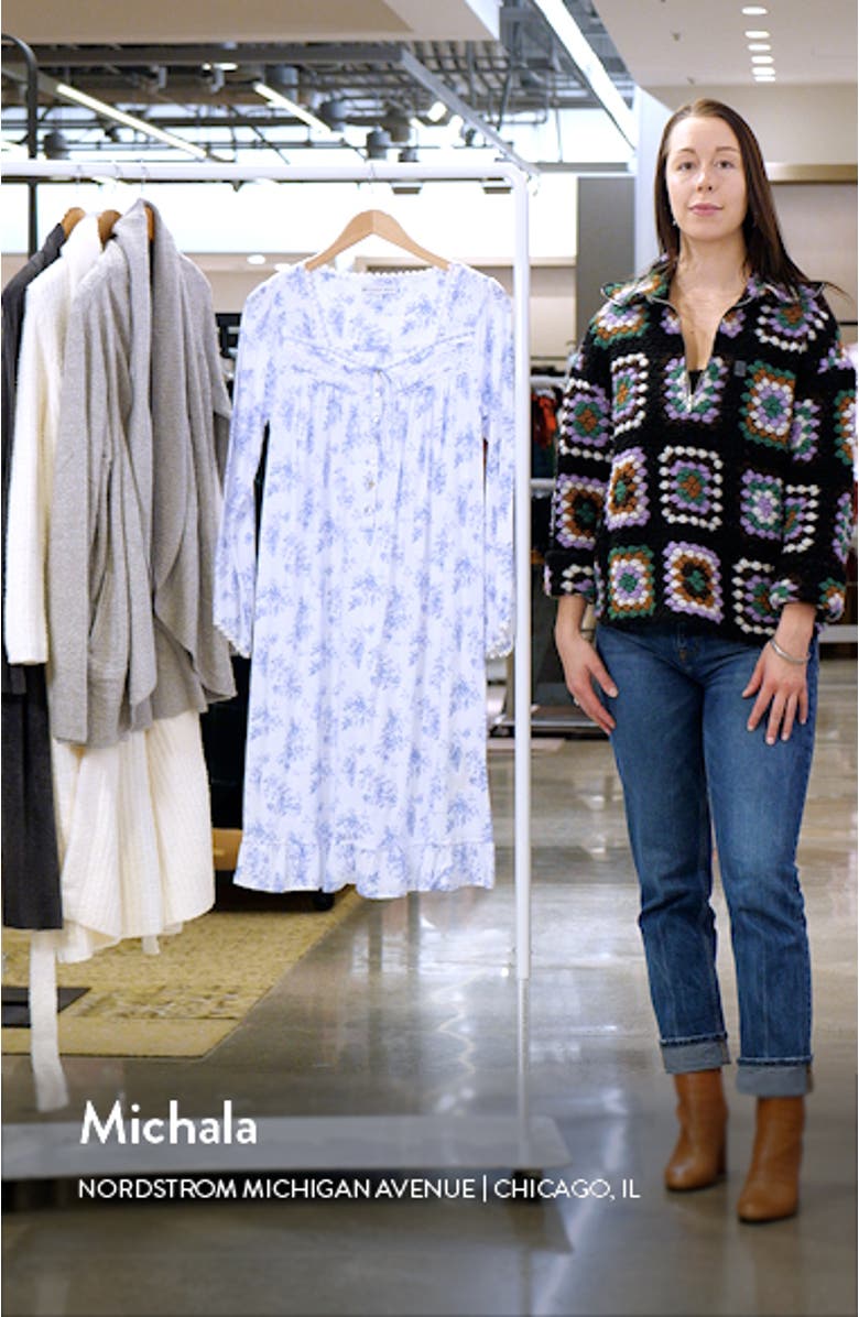 Waltz Floral Print Lace Trim Long Sleeve Cotton & Modal Nightgown, sales video thumbnail