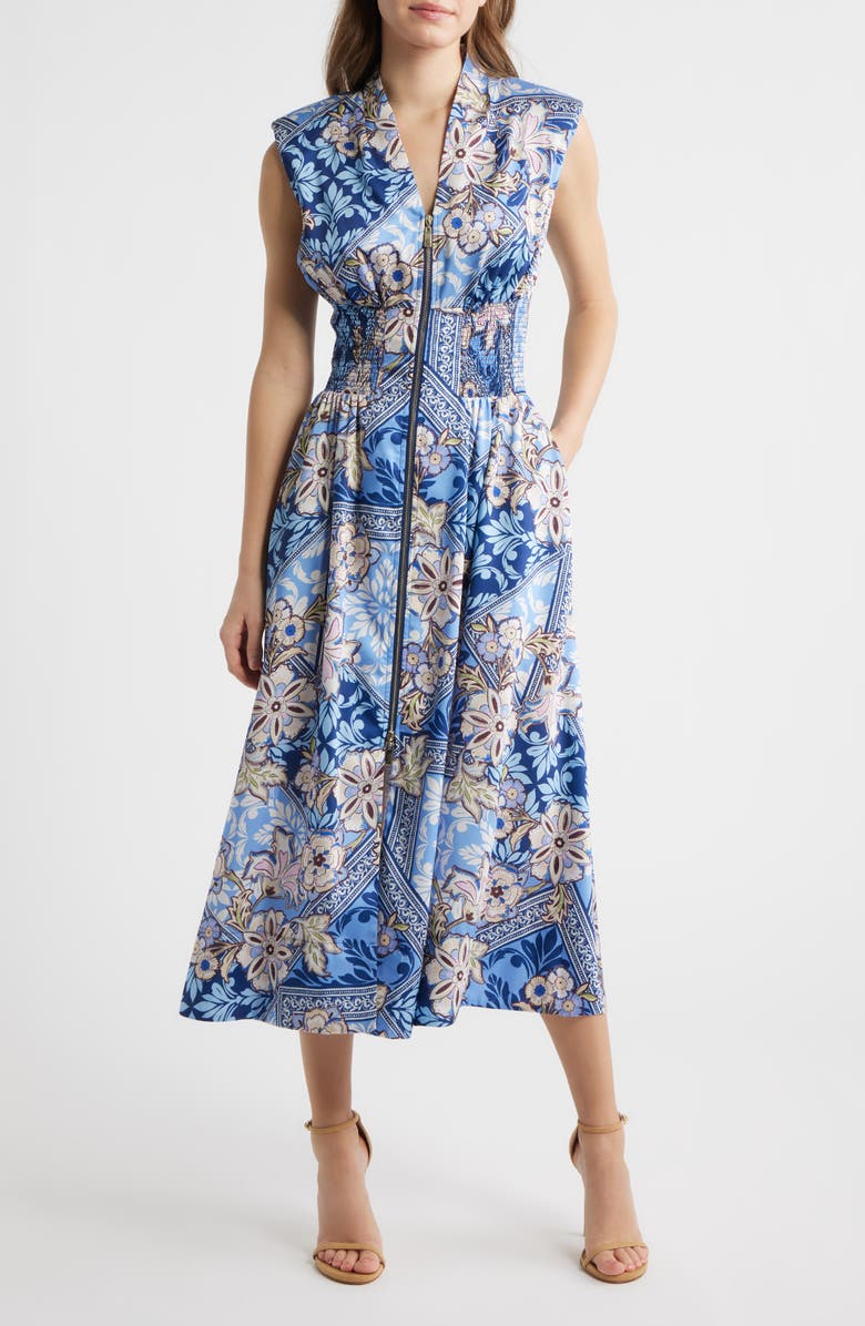 Vince Camuto Scarf Print Zip Front Midi Dress, Main, color, Blue Multi