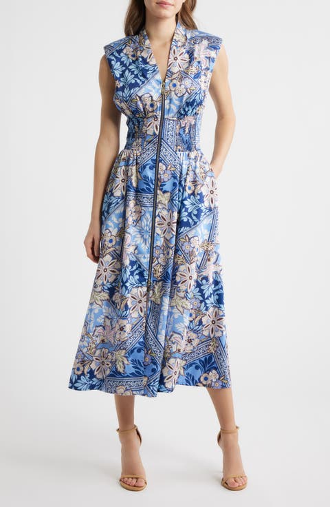 Scarf Print Zip Front Midi Dress