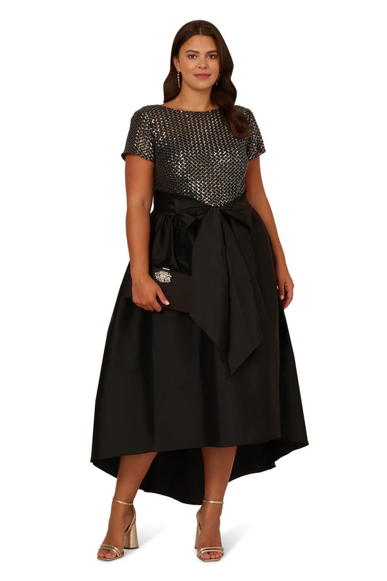 Sequin Bodice High-Low Taffeta Gown, Alternate, color, BLACK/ GUNMETAL