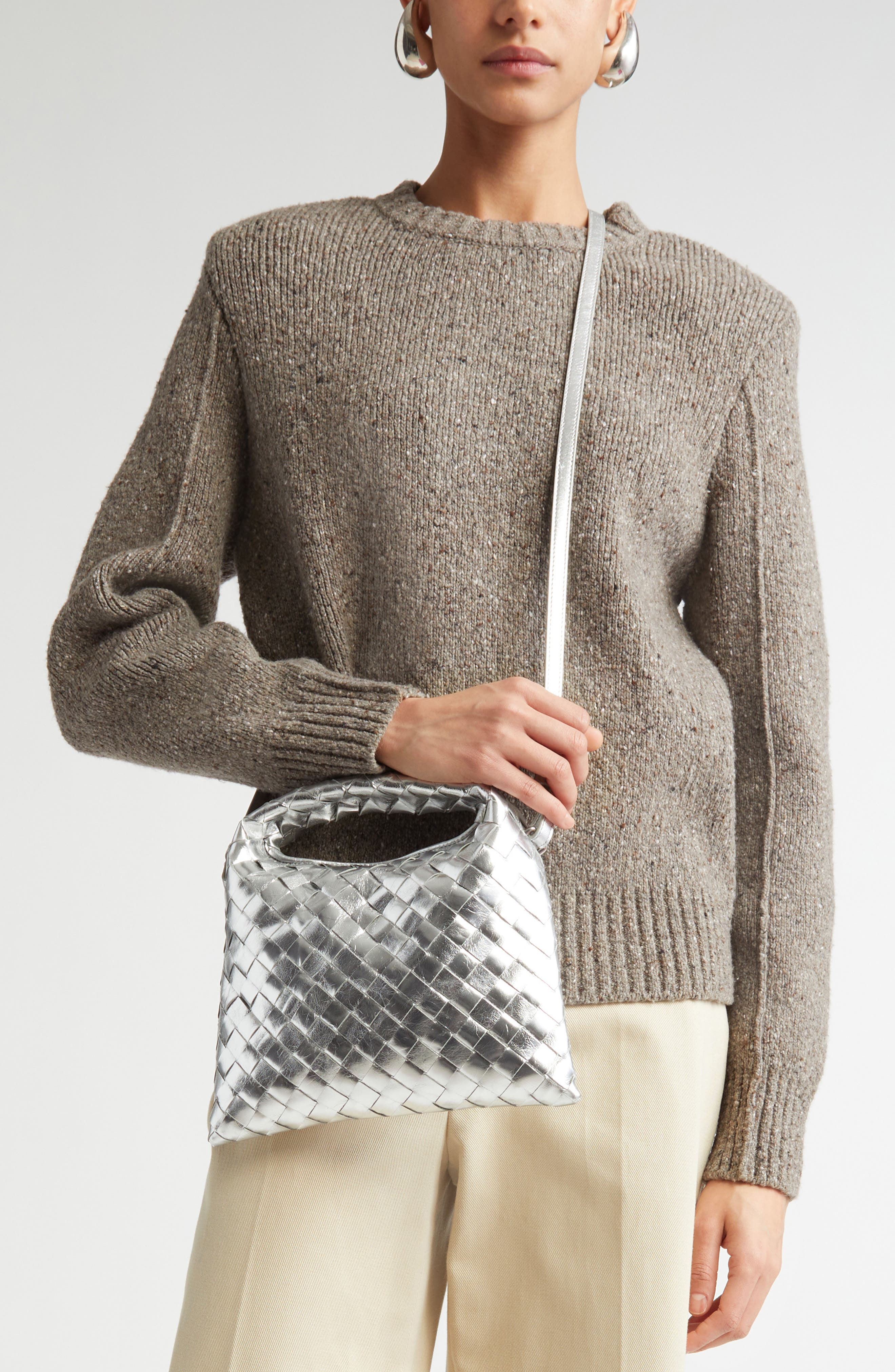 Bottega Veneta Mini Hop Mirror Intrecciato Leather Hobo Bag, Alternate, color, 8101 Silver/ Silver