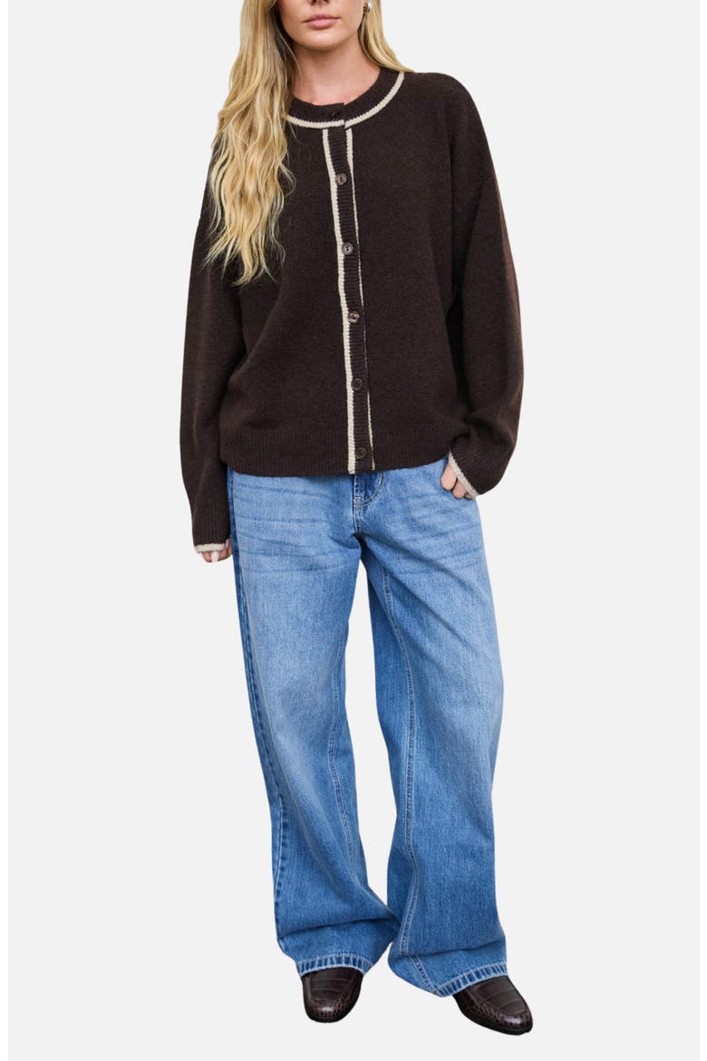 Contrast Trim Cardigan, Alternate, color, BROWN