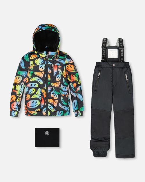 Deux Par Deux Two-piece Play Snowsuit With Allover Jacket Smiley Face In Blue
