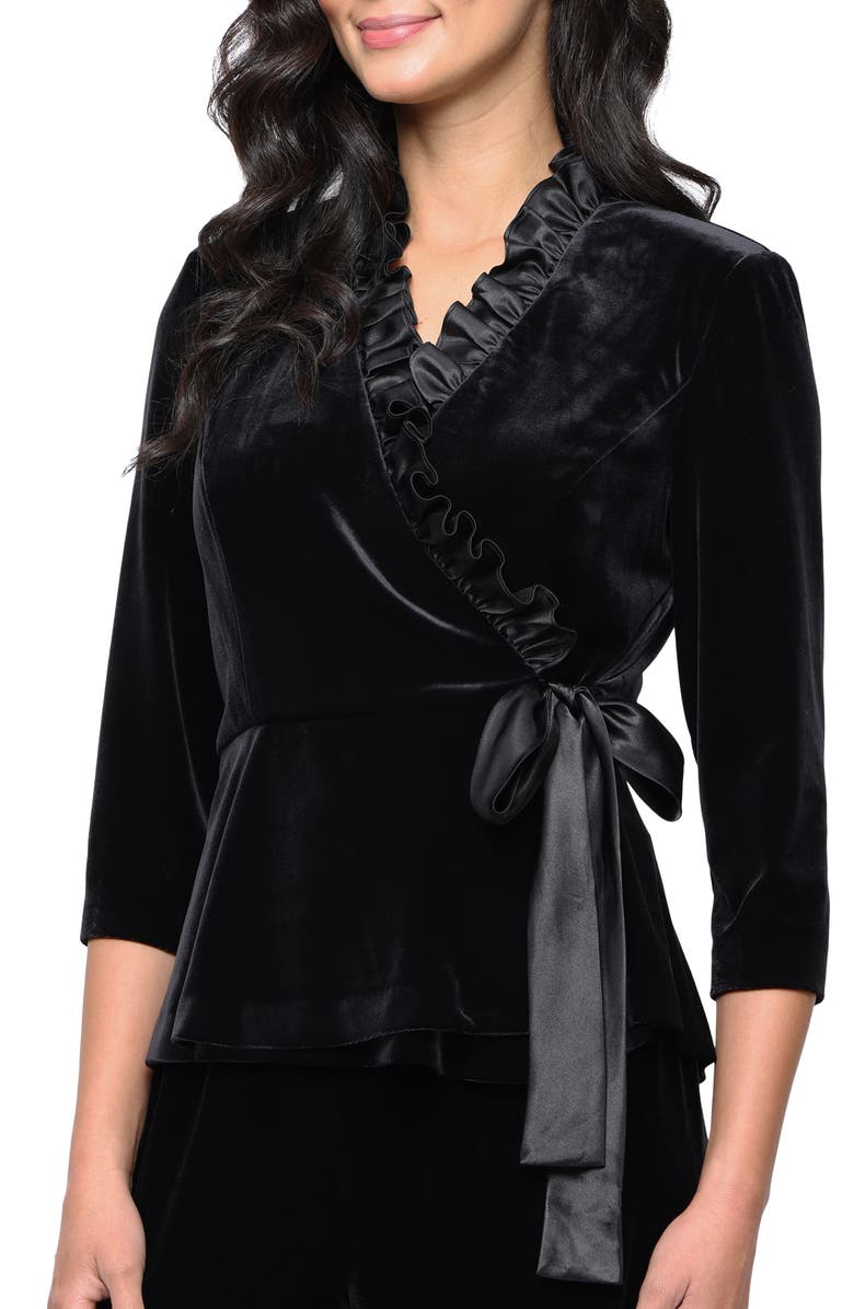 Alex Evenings Satin Frill Velvet Wrap Top, Main, color, Black