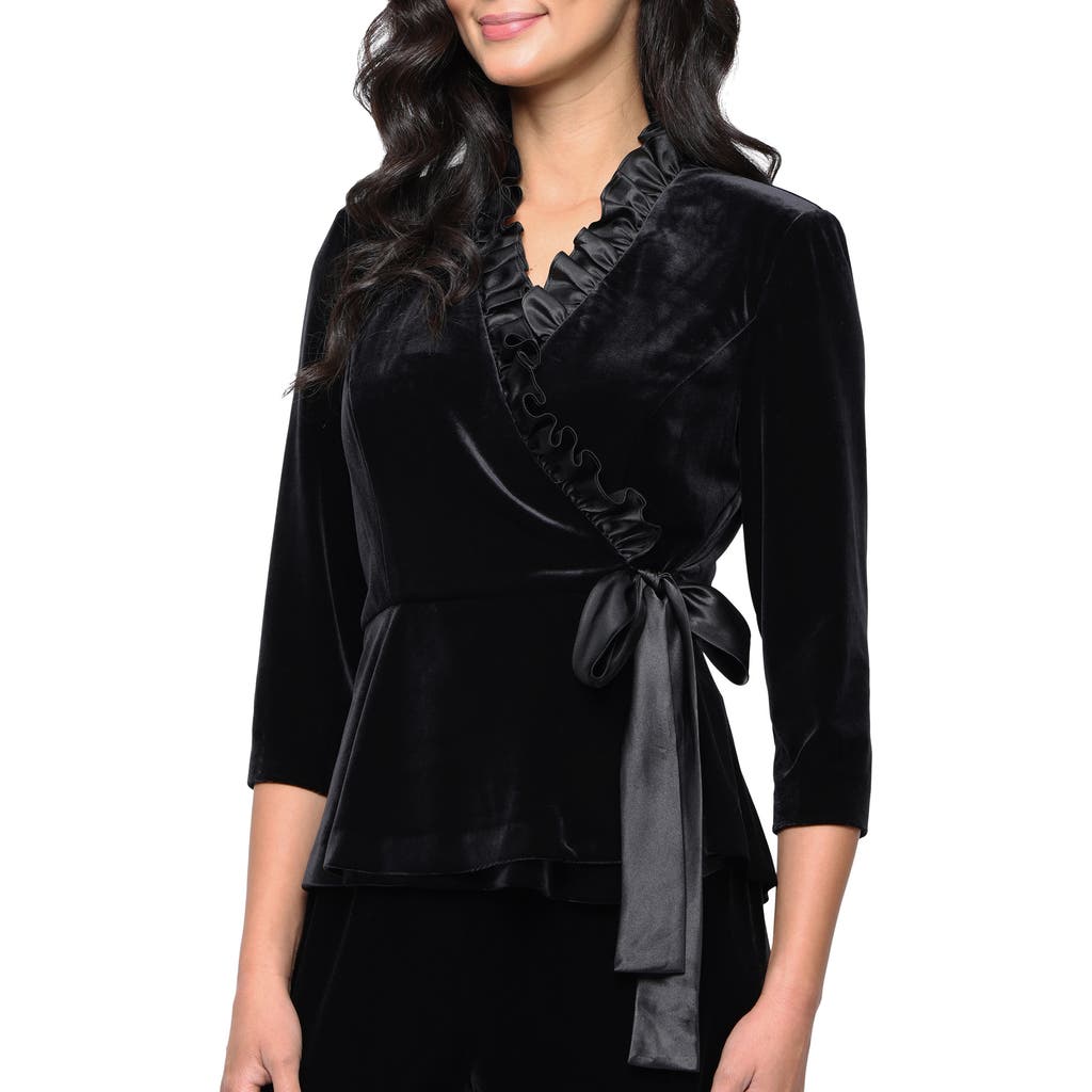 Alex Evenings Satin Frill Velvet Wrap Top In Black