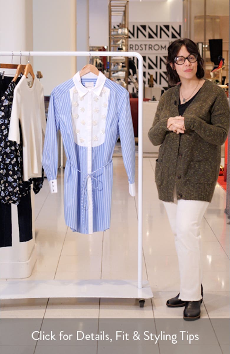 Debbie Metallic Floral Appliqué Long Sleeve Cotton Blend Shirtdress, sales video thumbnail