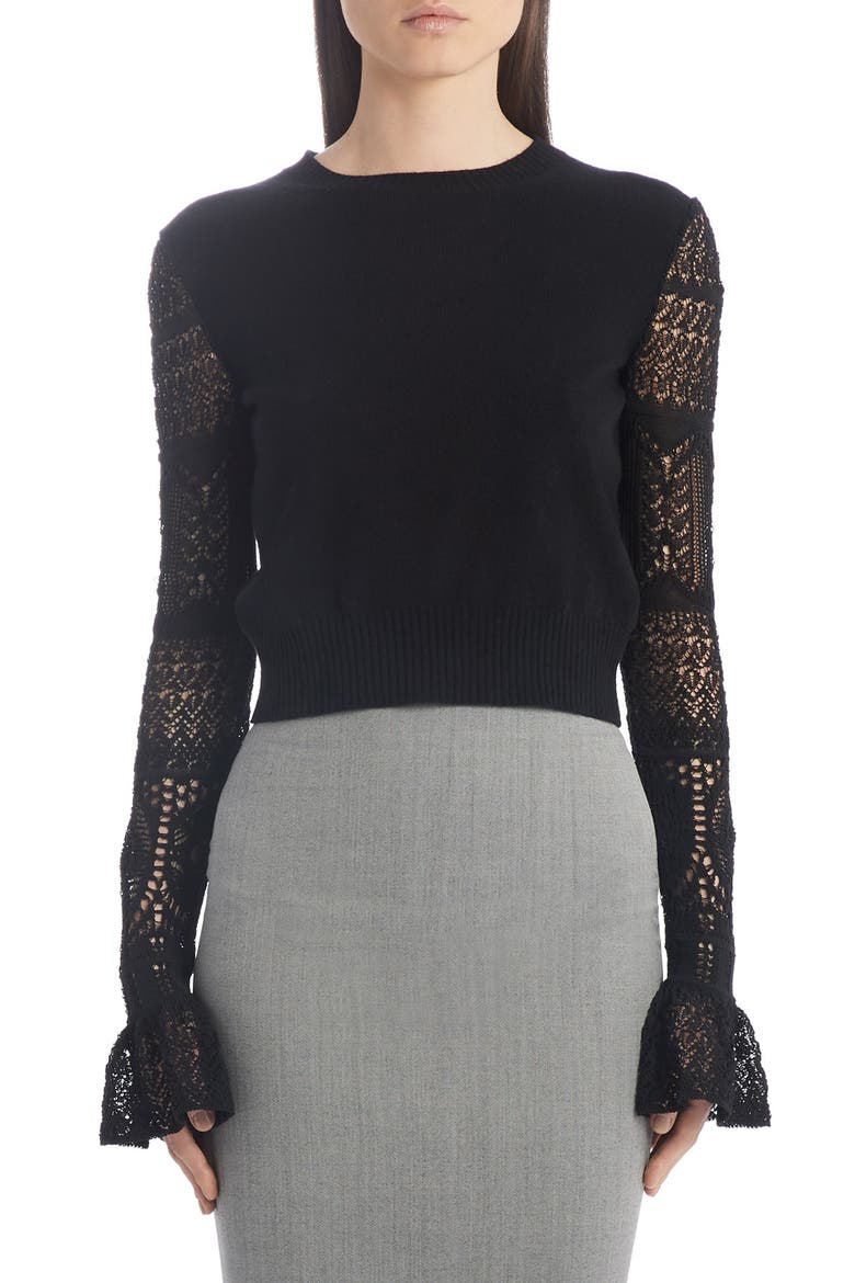 Alexander McQueen Crochet Sleeve Wool Sweater, Main, color, BLACK