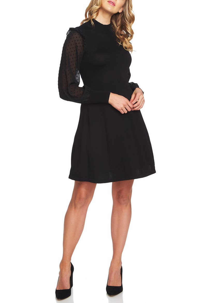 Swiss Dot Sleeve Fit & Flare Knit Dress, Alternate, color, RICH BLACK