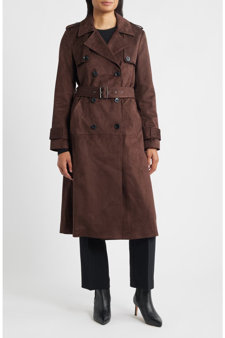Belted Double Breasted Faux Leather Trench Coat, Main, color, CHOCOLATE