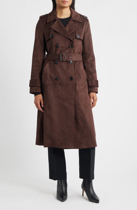 Belted Double Breasted Faux Leather Trench Coat