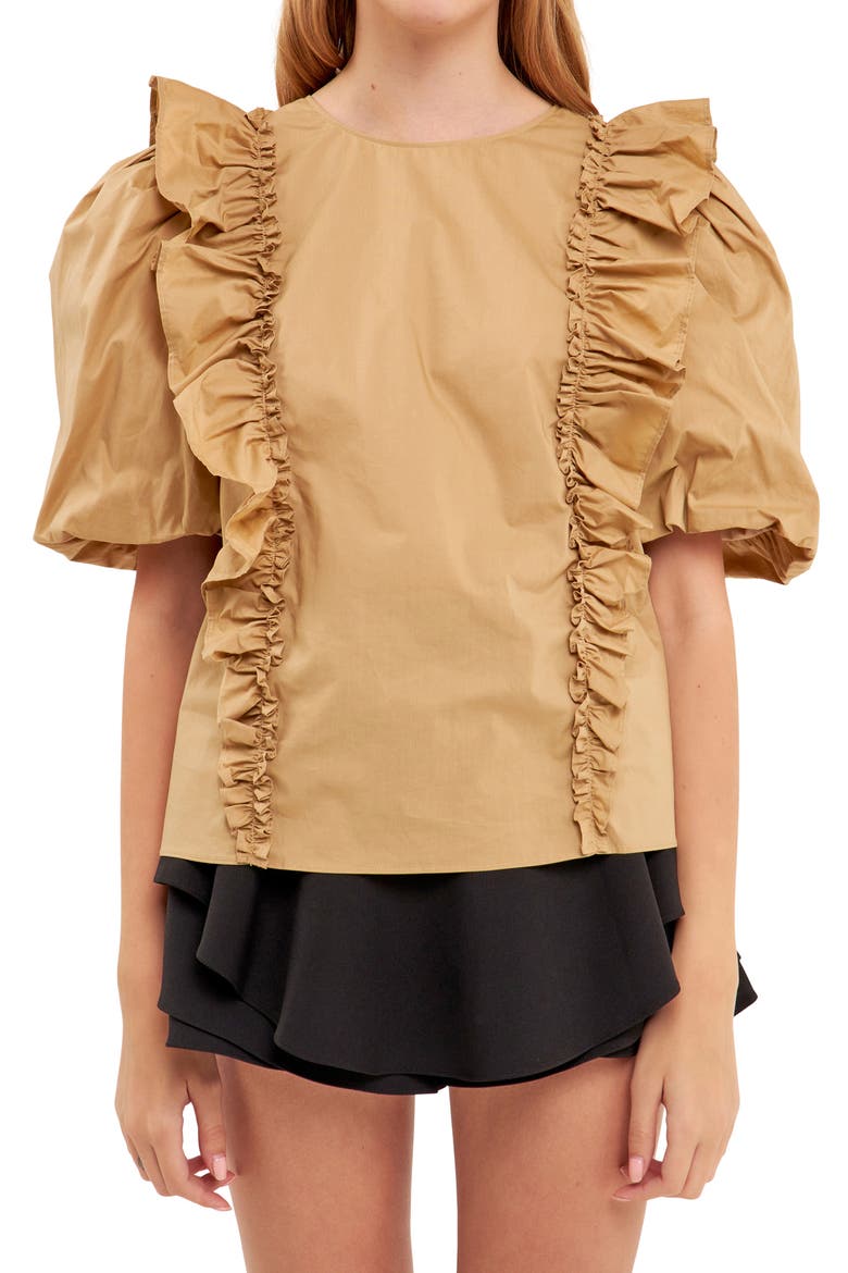 Double Ruffle Puff Sleeve Cotton Blouse, Alternate, color, TAWNY