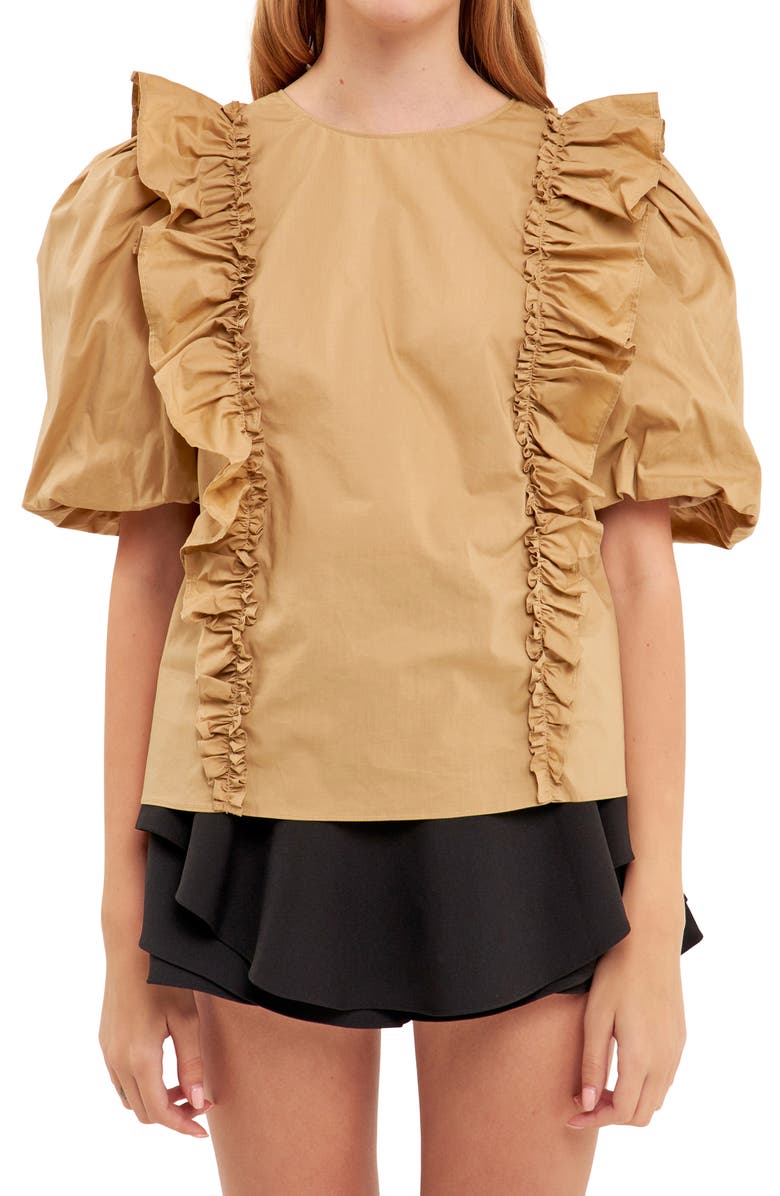 English Factory Double Ruffle Puff Sleeve Cotton Blouse, Alternate, color, Tawny
