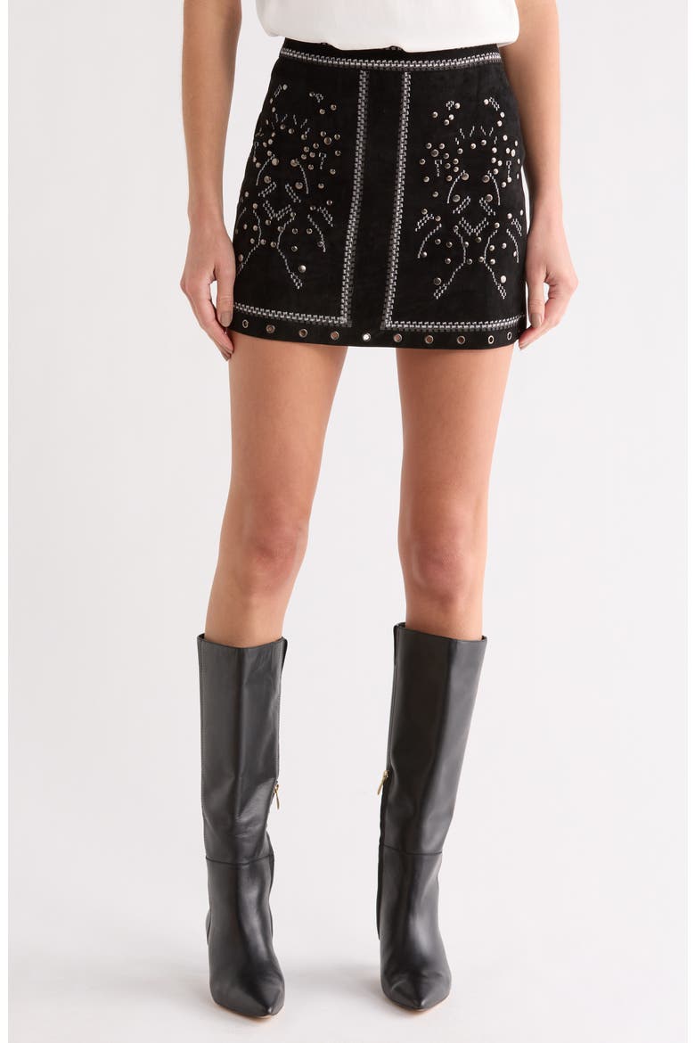 Embroidered Suede Miniskirt, Main, color, BLACK