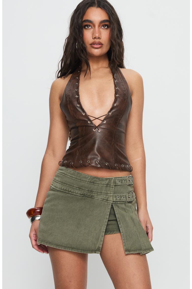 Generous Faux Wrap Denim Skort, Alternate, color, WASHED KHAKI